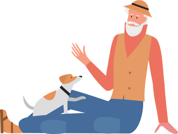 Vieil homme jouant avec un chien  Illustration