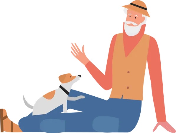 Vieil homme jouant avec un chien  Illustration