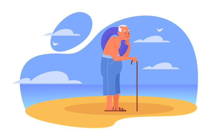 Vieil homme va nager à la plage en utilisant un anneau en caoutchouc  Illustration