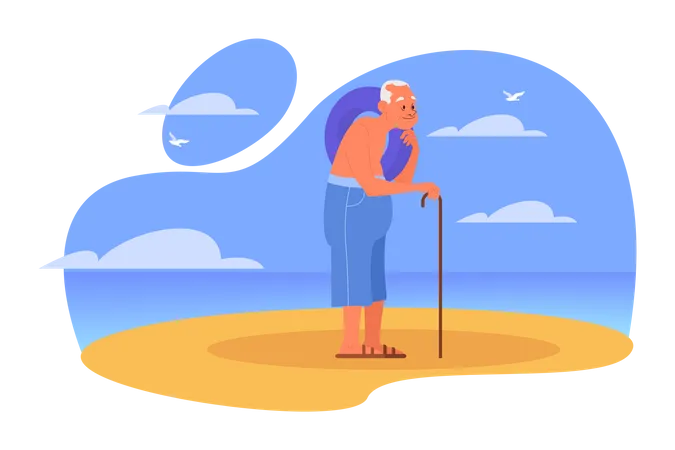 Vieil homme va nager à la plage en utilisant un anneau en caoutchouc  Illustration
