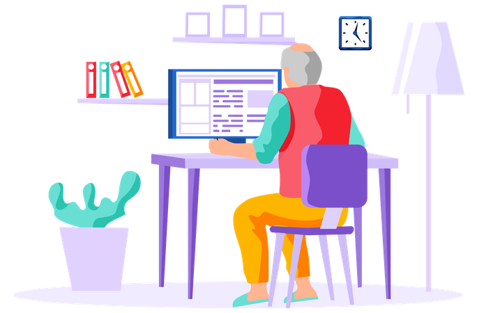 Vieil homme recherchant des informations et surfant sur Internet  Illustration