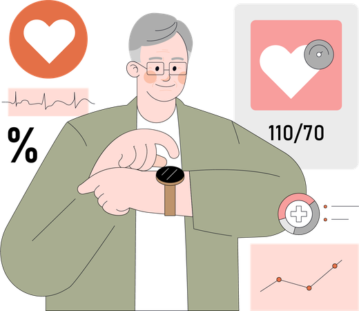 Un vieil homme suit sa condition physique à l'aide d'une montre connectée  Illustration