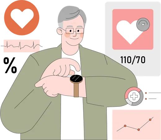 Un vieil homme suit sa condition physique à l'aide d'une montre connectée  Illustration