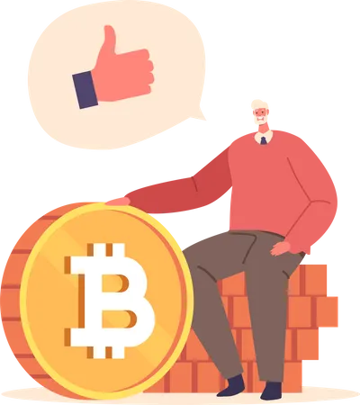 Vieil homme tenant le bitcoin  Illustration