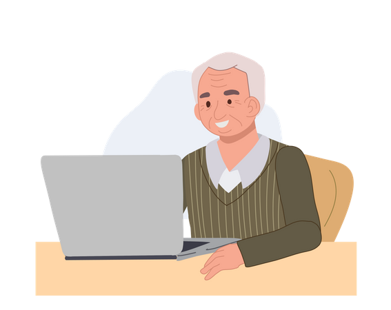 Vieil homme utilisant un ordinateur portable  Illustration
