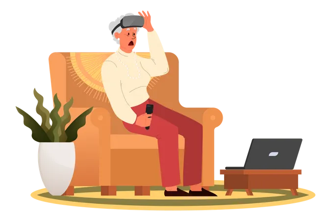 Vieille dame jouant à un jeu avec un équipement de jeu VR  Illustration