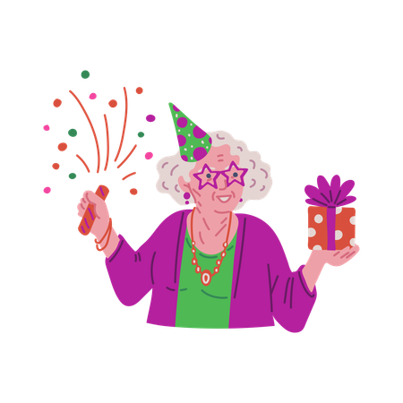 Vieille dame joyeuse dans des décorations de fête avec pétard et boîte cadeau  Illustration