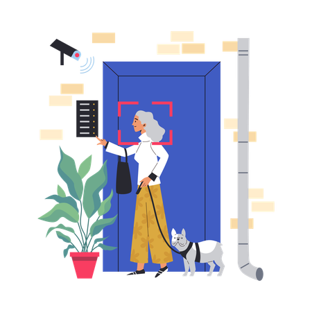 Une vieille dame sonne à la porte devant la caméra de vidéosurveillance  Illustration