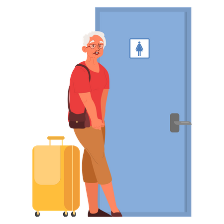 Vieille femme à l’aéroport attendant l’ouverture des toilettes  Illustration