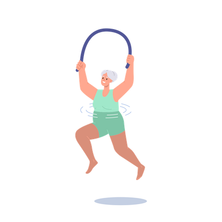 Vieille femme âgée faisant de l'exercice d'aquagym nageant avec des nouilles dans la piscine d'eau  Illustration