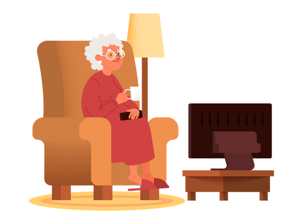Vieille femme assise dans un fauteuil avec une tasse de café et regardant la télévision  Illustration