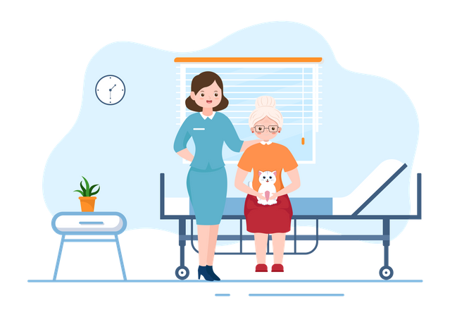 Vieille femme assise sur le lit et infirmière prenant soin  Illustration