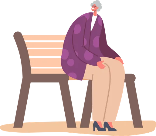 Vieille femme assise sur un banc  Illustration