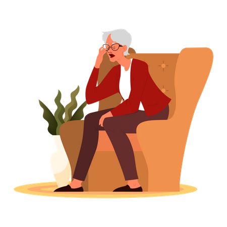 Fatigué vieille femme assise sur un canapé  Illustration
