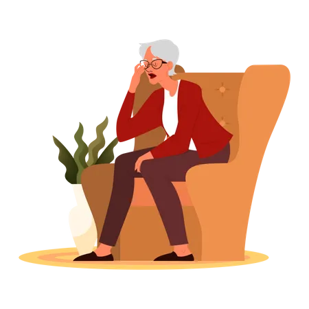 Fatigué vieille femme assise sur un canapé  Illustration