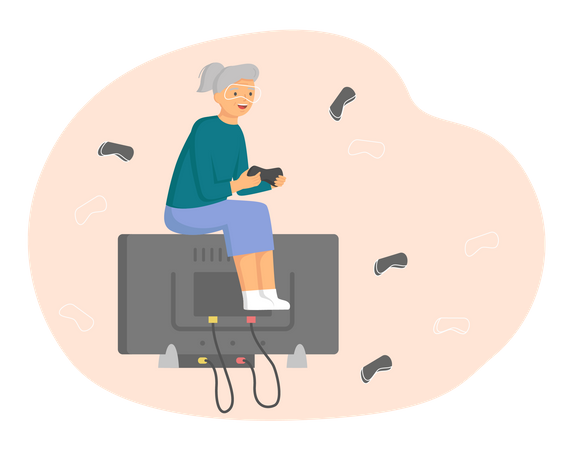 Une vieille femme joue à un jeu vidéo ensemble  Illustration