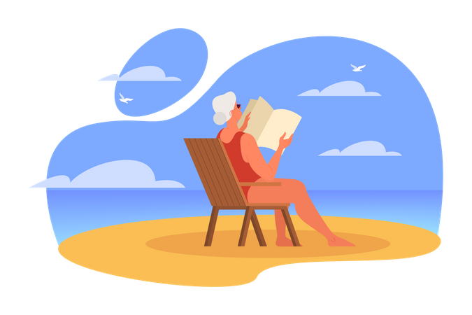Vieille femme âgée lisant un livre tout en étant assise à la plage  Illustration