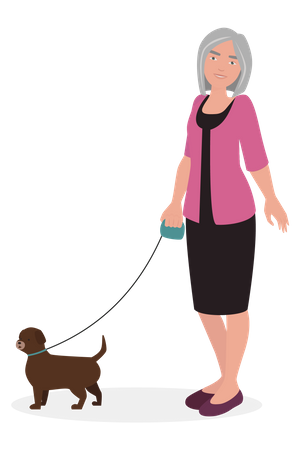 Vieille femme marchant avec un chien  Illustration