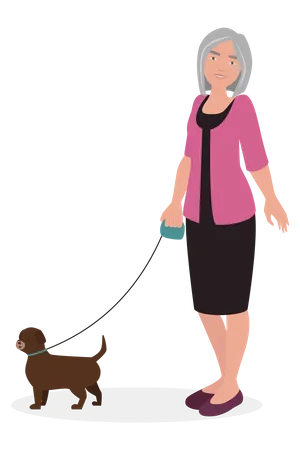 Vieille femme marchant avec un chien  Illustration