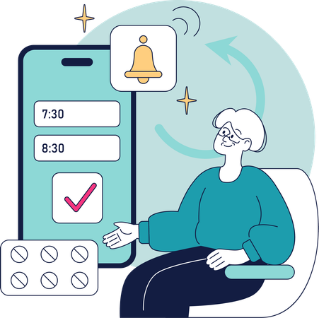 Une vieille femme reçoit une notification de médicaments via une application mobile  Illustration