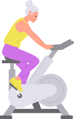 Vieille femme âgée faisant du vélo d'appartement sur une machine de gym  Illustration