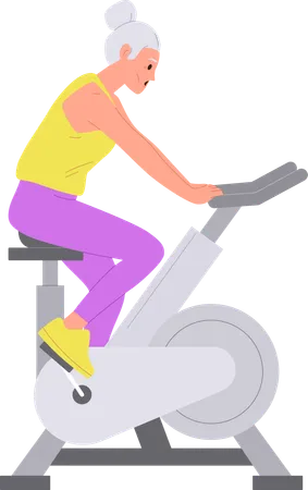 Vieille femme âgée faisant du vélo d'appartement sur une machine de gym  Illustration