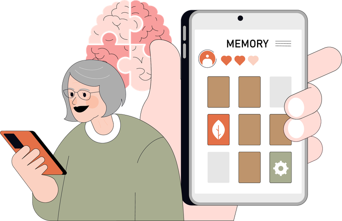 Une vieille femme suit sa mémoire sur son téléphone portable  Ilustración