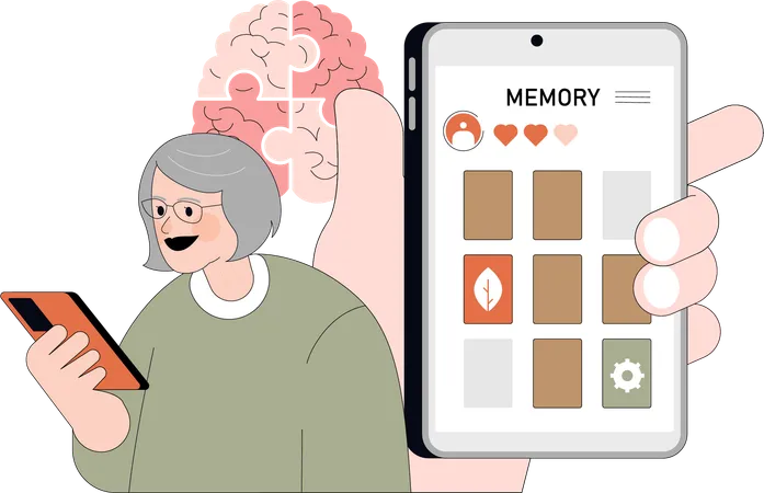 Une vieille femme suit sa mémoire sur son téléphone portable  Ilustración