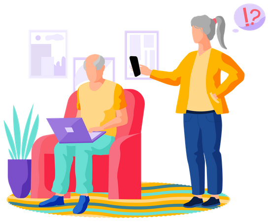Vieille femme travaillant sur un ordinateur portable et homme âgé discutant lors d'un appel vidéo  Illustration