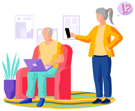 Vieille femme travaillant sur un ordinateur portable et homme âgé discutant lors d'un appel vidéo  Illustration
