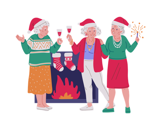 Vieilles dames joyeuses avec une coupe de champagne et des cierges magiques près de la cheminée  Illustration