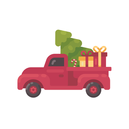 Viejo camión rojo con árbol de Navidad y regalos  Ilustración