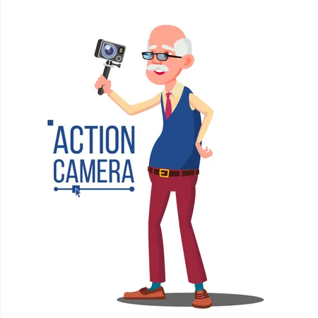 Anciano Con Vector De Camara De Accion Auto Video Retrato Proceso De Rodaje Grabacion De Video Ilustracion Aislada Ilustración