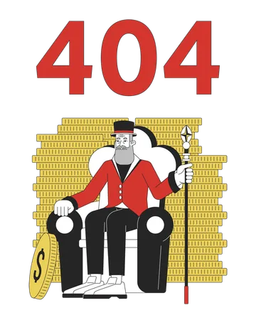 Viejo hombre de negocios barbudo entre monedas mensaje flash error 404  Ilustración