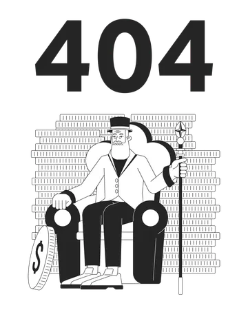 Viejo hombre de negocios barbudo entre monedas mensaje flash error 404  Ilustración