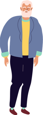 Viejo estilista pantalón negro, camiseta amarilla y chaqueta azul  Ilustración