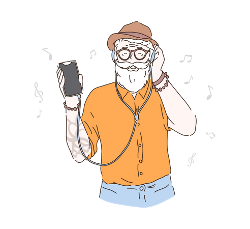 Viejo hipster escuchando música  Ilustración