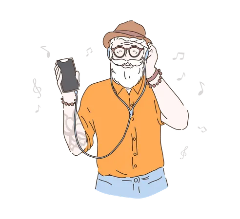 Viejo hipster escuchando música  Ilustración