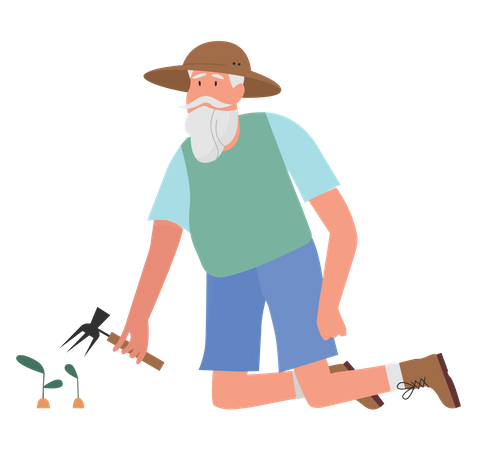 Viejo jardinero con tenedor  Ilustración