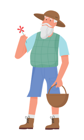 Viejo jardinero sosteniendo una flor  Ilustración