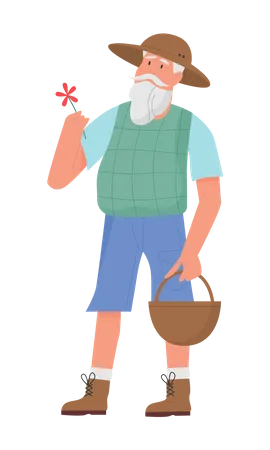 Viejo jardinero sosteniendo una flor  Ilustración