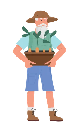 Viejo jardinero sosteniendo la planta  Ilustración