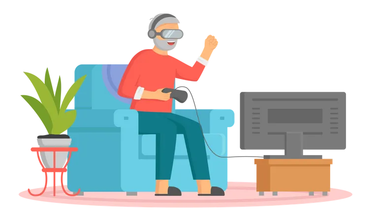 Anciano jugando al juego VR  Ilustración