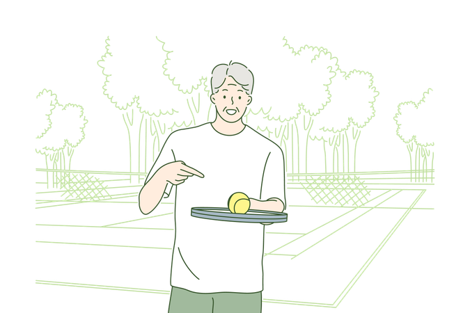 Anciano jugando al tenis.  Ilustración