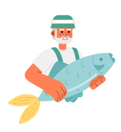 Viejo pescador sosteniendo peces grandes  Ilustración