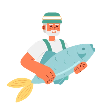 Viejo pescador sosteniendo peces grandes  Ilustración