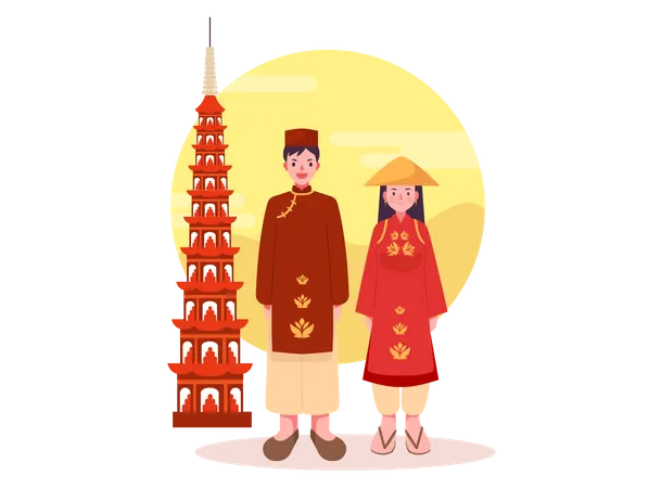 Vietnamese couple in traditional clothes Illustration