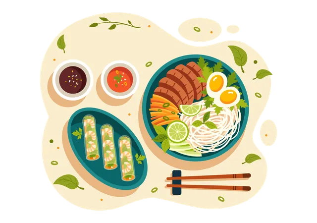 Vietnamese Food Restaurant Vector Illustration Of A Menu Featuring A Collection Of Various Delicious Cuisine Dishes In Flat Style Cartoon Background Illustration