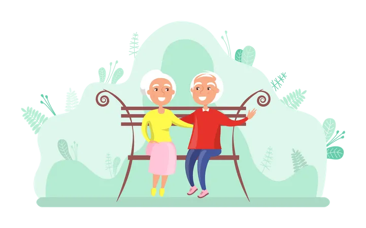 Vieux couple assis sur un banc dans le parc  Illustration