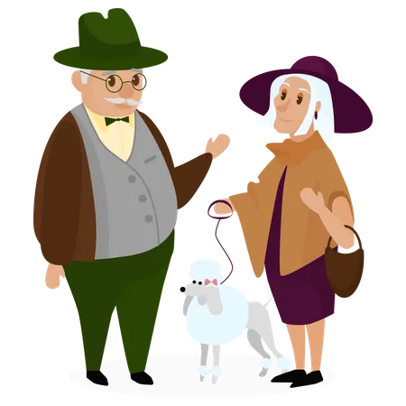 Vieux couple debout avec un chien  Illustration